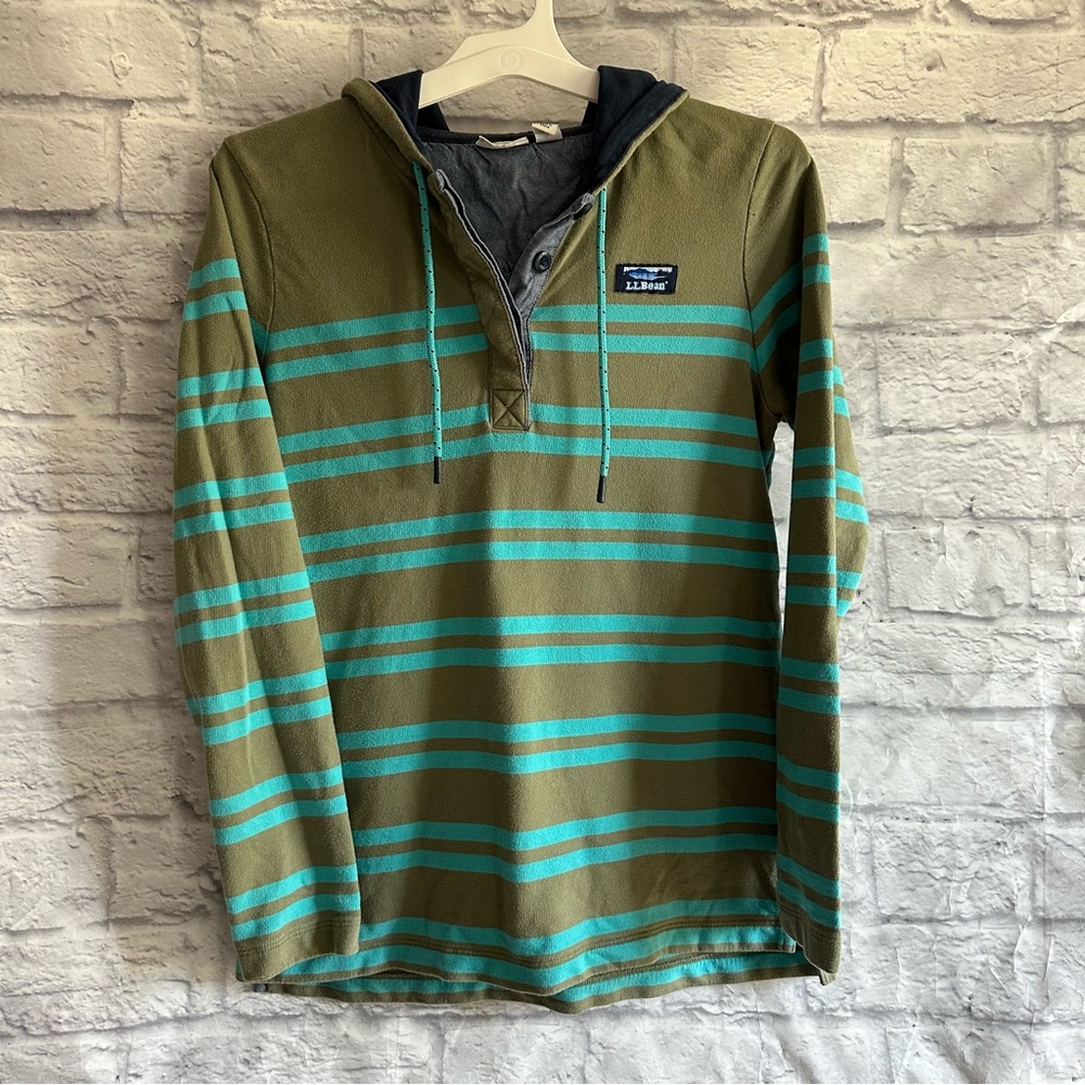 PREOWNED L.L. BEAN GREEN BLUE STRIPED PULLOVER LONG SLEEVE HOODIE WOMENS SMALL S